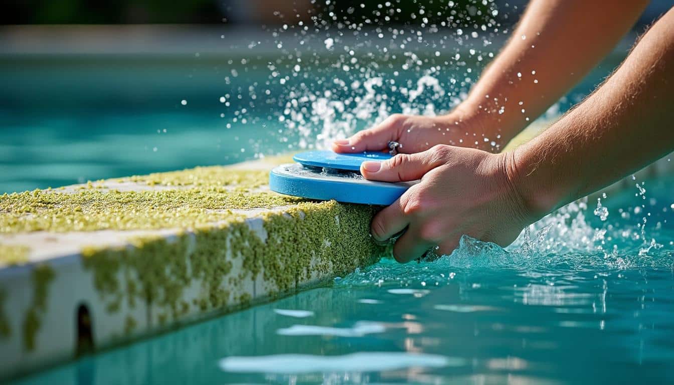 Nettoyage manuel des algues incrustées sur les parois de piscine