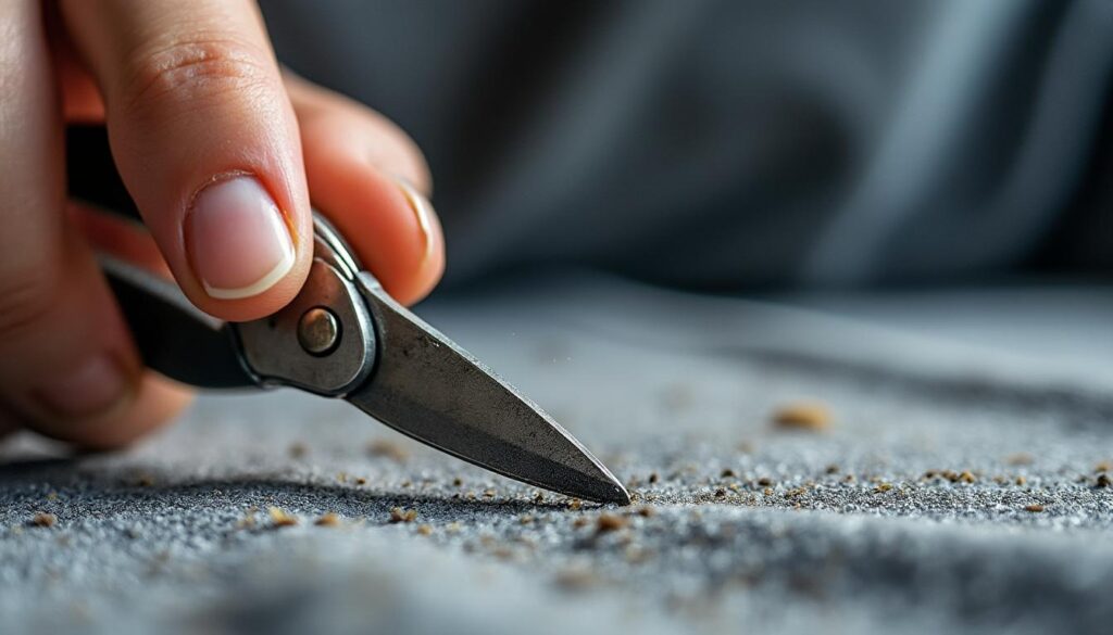 Réparer un tapis abîmé avec une lame de cutter
